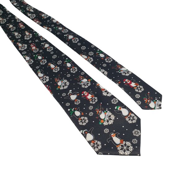 Yule Tie Greetings Christmas Penguin Snowflake Winter Holiday Necktie Gift Work - Picture 1 of 5